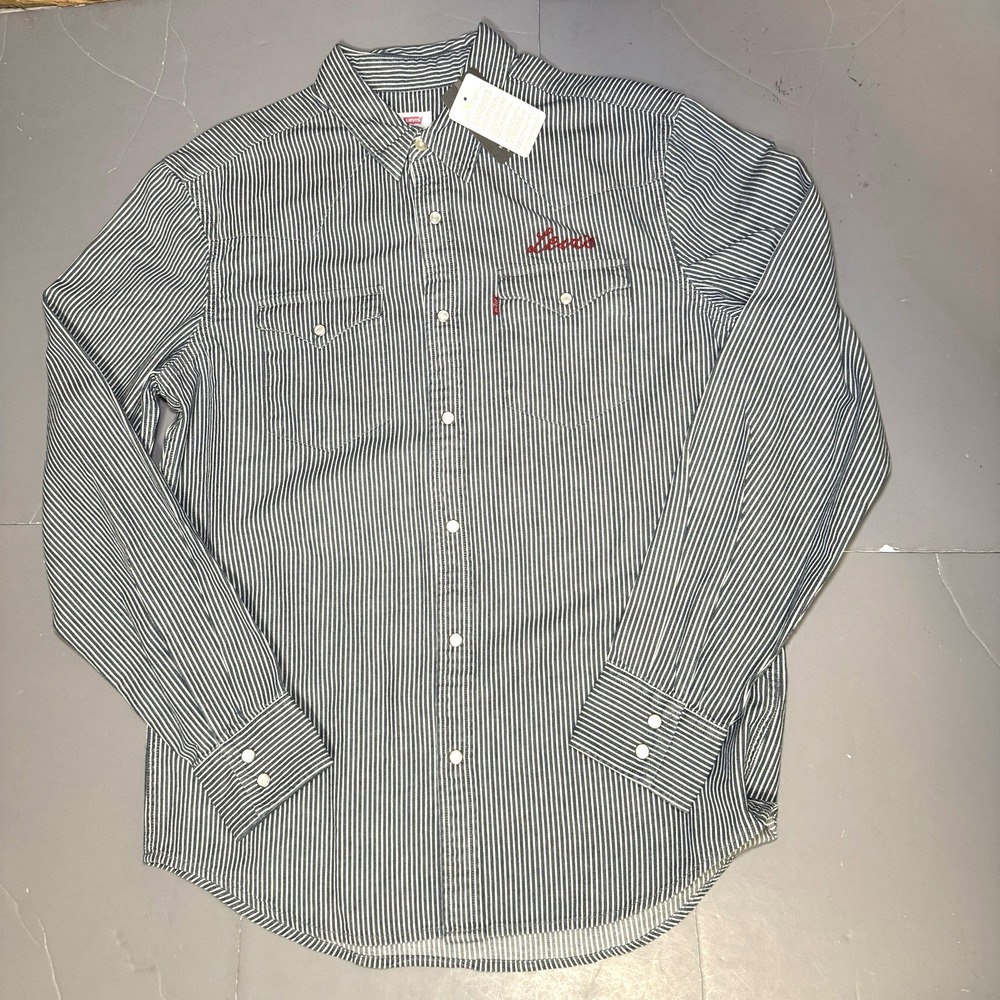 NEW Levis Shirt Mens M Blue Denim Western Pearl Snap Hickory Stripe Cowboy NWT